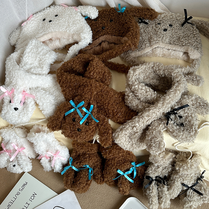 Lazy Holiday~Shop/Teddy Hairy Cartoon Cute Gloves Hat Scarf 3-Piece Set for Autumn and Winter Warmth_voghion.com