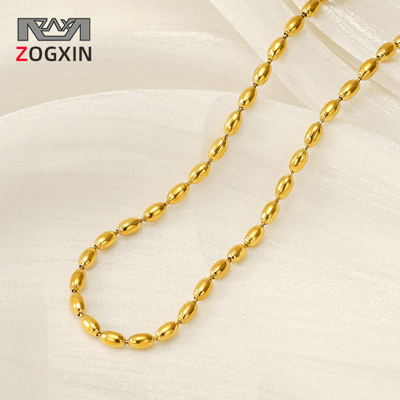 Collar de acero inoxidable de estilo europeo y americano chapado en oro de 18k simple collar de collar de acero de titanio de arroz elíptico para mujeres