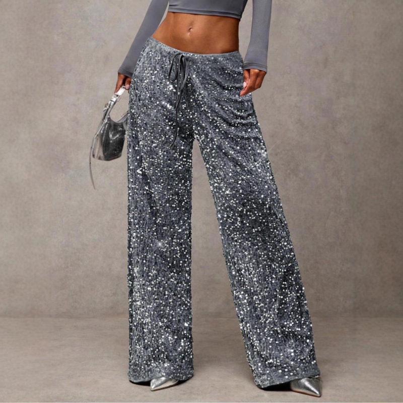 European and American Cross-Border Fashion Sequin Drawstring Slim-Fit New Style Pants Elastic Straight-Leg Pants Women's Clothing for Export European and American Cross-Border Fashion Sequin Drawstring Slim-Fit New Style Pants Elastic Straight-Leg Pants Women's Clothing for Export
