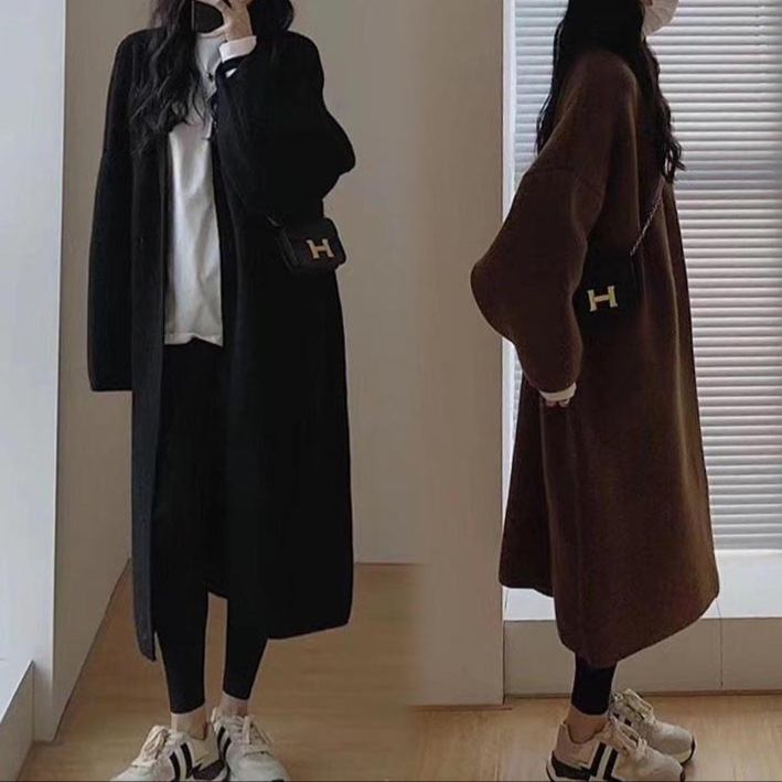 Plus Size Women's Autumn Knitted Slightly Fat-Covering Long-Sleeved Cardigan Loose Slimming Look Sweater Long Lazy Style Jacket