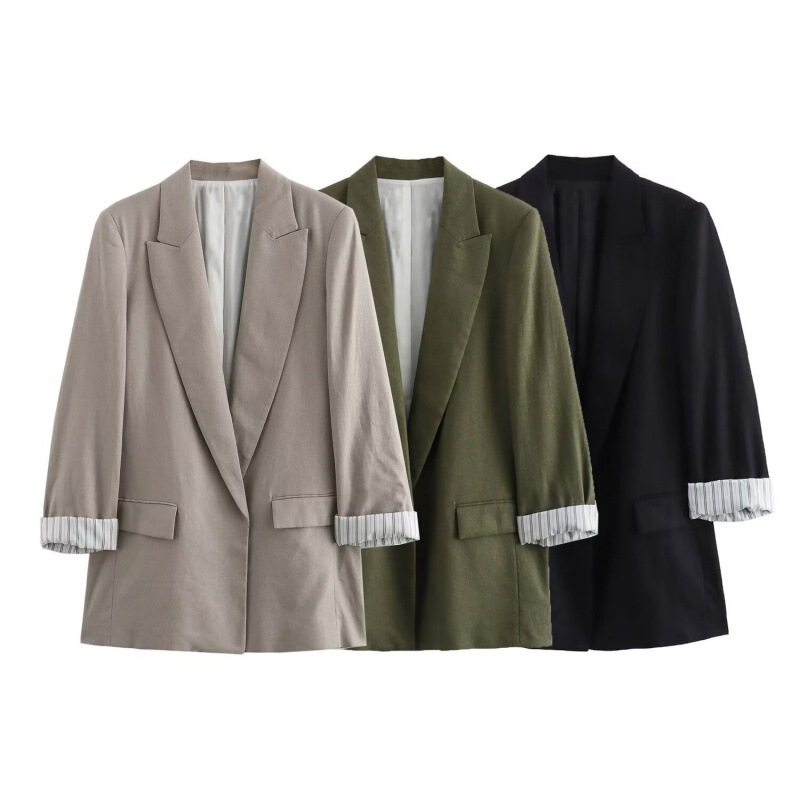 Foreign Trade 2024 European and American Summer New Style Elegant Lapel Rollable Sleeves Linen Blended Suit Jacket for Women 2753530