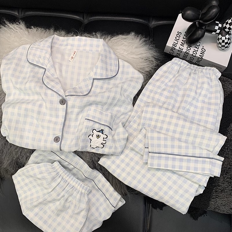 [Line dog three-piece set] Spring and summer new cloud cotton short-sleeved shorts pants three-piece women's pajamas home clothes