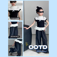 女童芭蕾風T恤套裝小香風短袖上衣中大童2024新款洋氣撞色小女孩