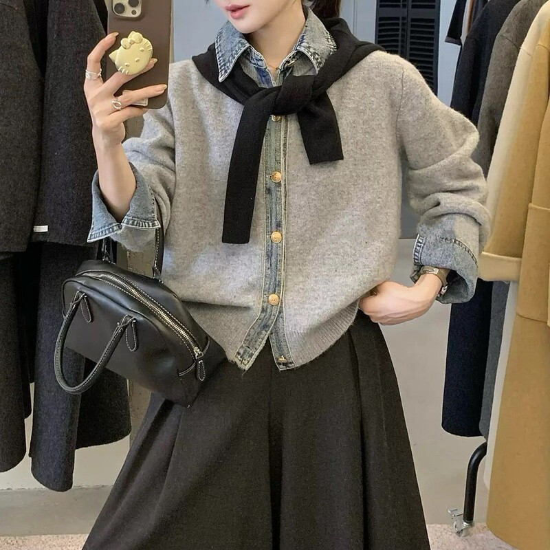 French-Style Color-Blocking Lazy Knit Sweater 2026 Autumn/Winter Denim Patchwork Faux Two-Piece Stylish Turn-Down Collar Cardigan French-Style Color-Blocking Lazy Knit Sweater 2026 Autumn/Winter Denim Patchwork Faux Two-Piece Stylish Turn-Down Collar Cardigan
