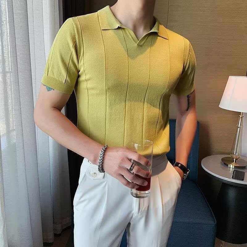 High End Ice Silk Short Sleeved T-Shirt V Neck Knitted Polo Shirt For Men Summer Business Casual Cool And Stylish Top_voghion.com