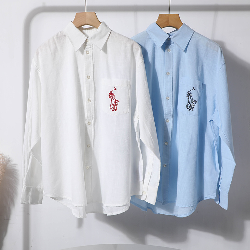 American Women's Embroidered Pocket Casual Thin Breathable Sun-Protective Linen Loose Casual Long-Sleeve Shirt 2569