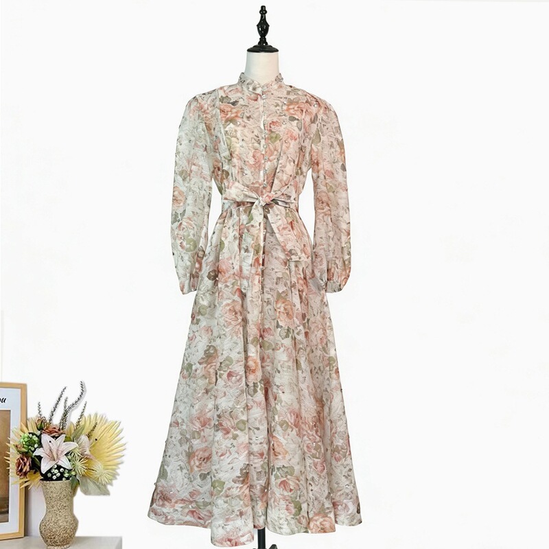 Cross-Border Australian New Vintage Print Stand-Collar Rhinestone-Embellished Lantern Sleeve Cinched Waist Tie-Waist Large Hem Dress Long Gown Dress Cross-Border Australian New Vintage Print Stand-Collar Rhinestone-Embellished Lantern Sleeve Cinched Waist Tie-Waist Large Hem Dress Long Gown Dress