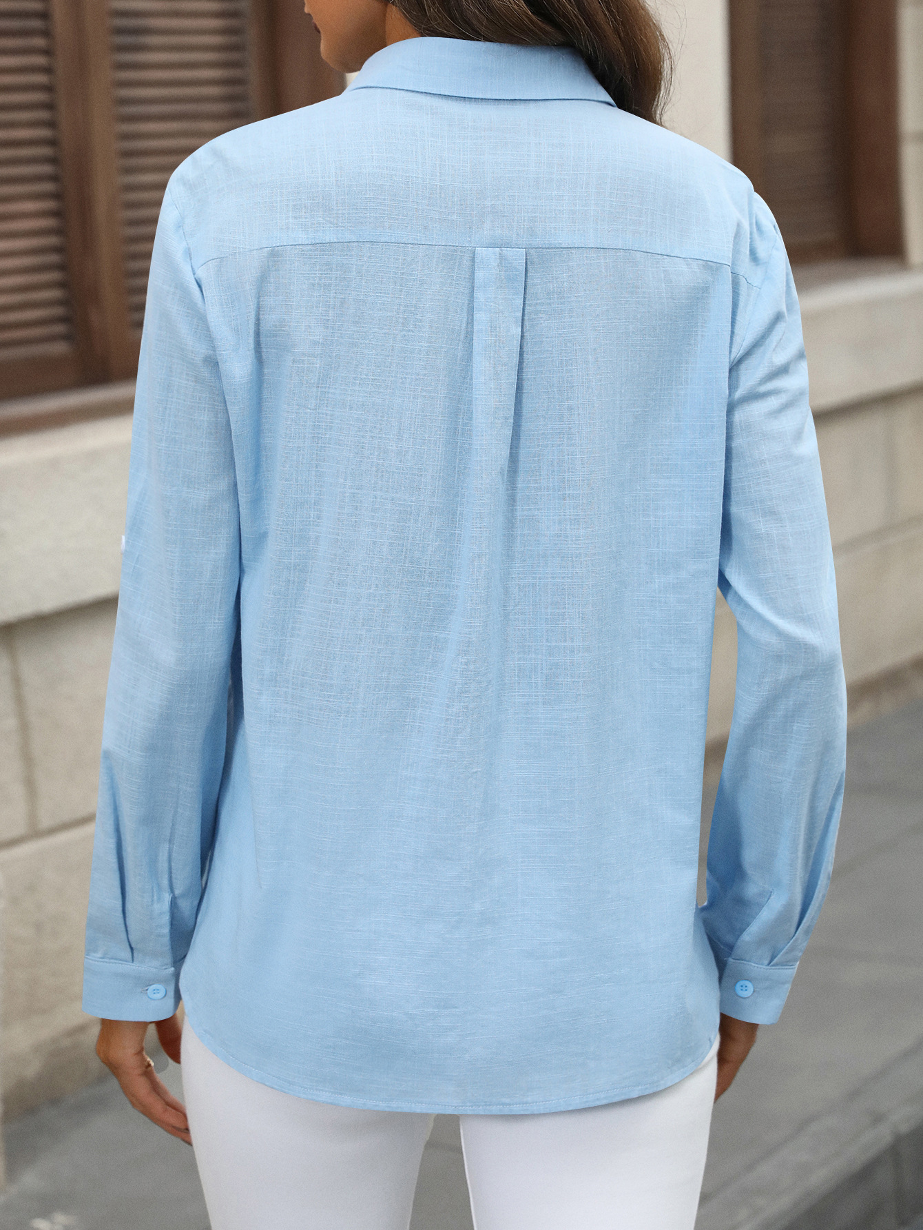 227g Weight Long Sleeve Sleeve Length Single Breasted Placket Type Regular Sleeve Sleeve Type Cotton Fabric Type Regular Top Length Blouse Tops Type Holiday Occasion Shirt Collar Neckline Comfort Function Loose Fit Type Solid Color Pattern Summer Season Women's Gender Vacation, Simple Style Style Wholesale Women's Vacation Simple Style Solid Color Long Sleeve Blouses 3