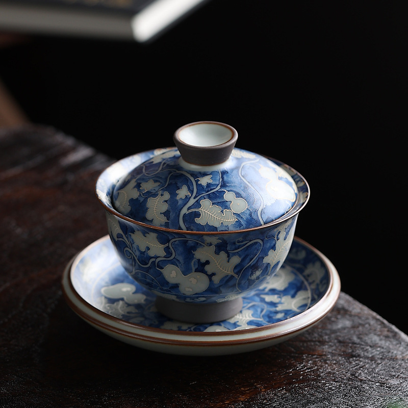 Three-Talent Gaiwan, Ru Kiln Yuan Blue and White Porcelain, Song-Style Imitation, Household Floating Tea Bowl, Ceramic Tea Brewing Vessel, Kung Fu Tea Set Three-Talent Gaiwan, Ru Kiln Yuan Blue and White Porcelain, Song-Style Imitation, Household Floating Tea Bowl, Ceramic Tea Brewing Vessel, Kung Fu Tea Set