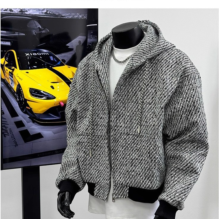 2025 New Autum Trendy Brand Hooded Thick Pattern Loose American Woven Short Jacket Cardigan White Gray Jacket for Men