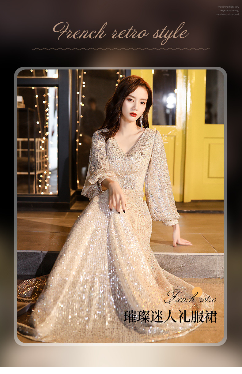 Hostess Evening Gown for Women, 2023 New Model, Niche High-End Annual Meeting Long-Sleeve Champagne Mid-Length Dress