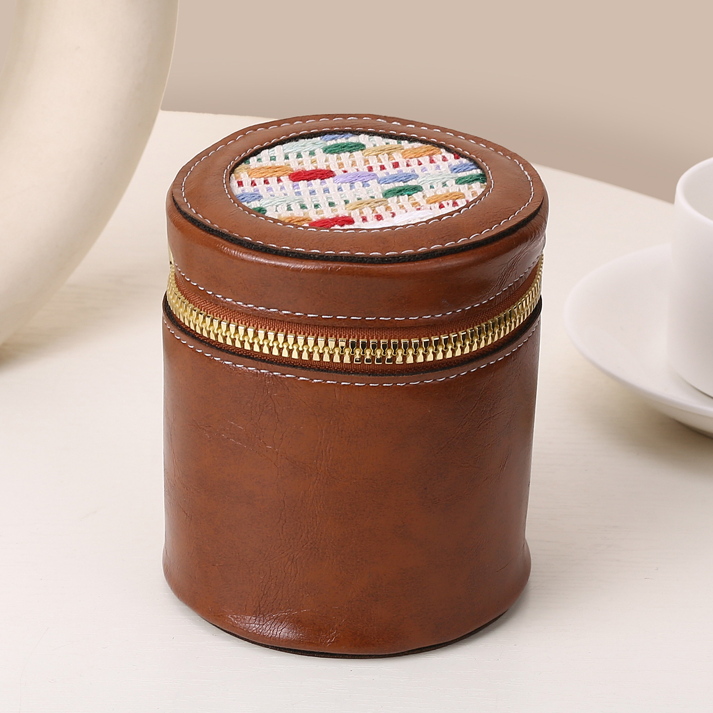 Bolsa de maquillaje de cuero retrógrado, bolso de cambio de lápiz labial, bolso de viaje portátil, barril de almacenamiento personalizado, mini bolso de cambio redondo