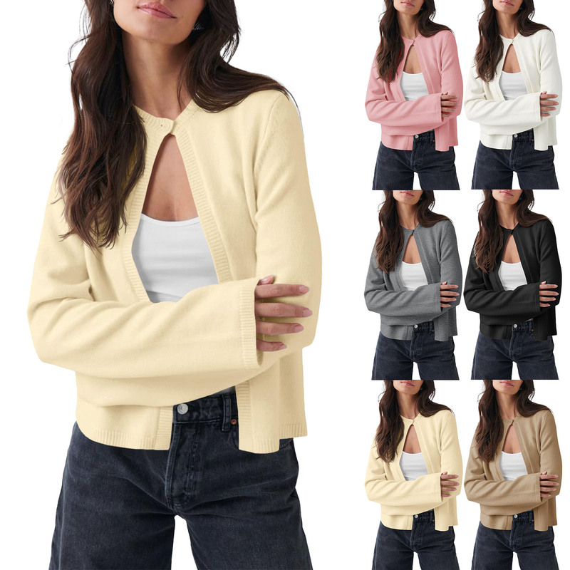 Cross-Border Foreign Trade Women's Lightweight Cardigan Long-Sleeved Single-Button Amazon Popular Casual Round Neck Loose Knitted Shawl Sweater