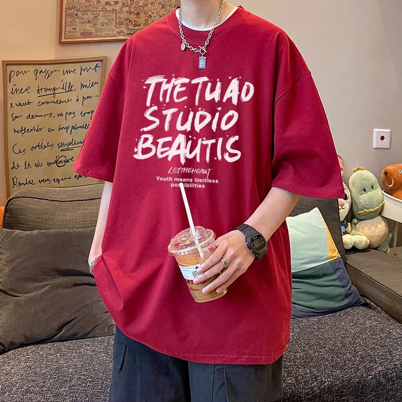 潮牌純綿アルファベット半袖tシャツ男性夏のゆるいtシャツごろつきイケメンカップル上着丸襟tシャツ|undefined