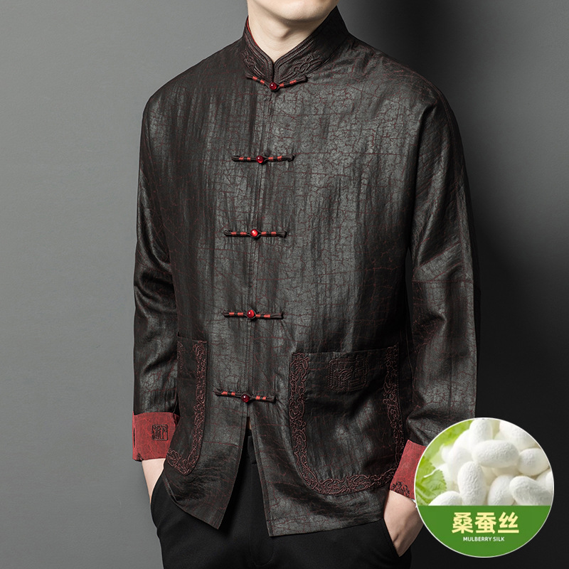 Silk Xiangyun Yarn Turtle Crack Men's Long Sleeve Jacket Chinese Style Tang Dress Men's Spring and Autumn Mulberry Silk New Chinese Style Top