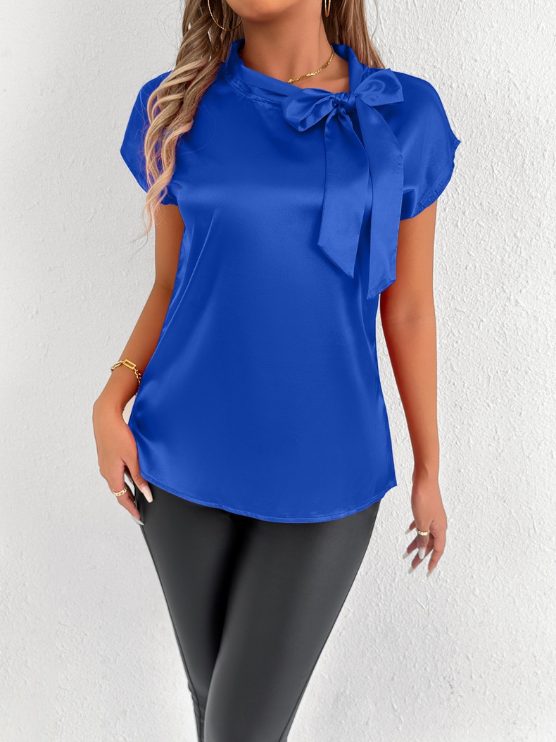 Fotos reales de ropa femenina de Amazon para el mercado europeo y americano, camisetas de seda sintética de verano, blusas de satén para mujer, comercio exterior.