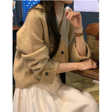跨境女士学院风韩国东大门秋冬新款V领针织开衫外套毛衣女休闲风