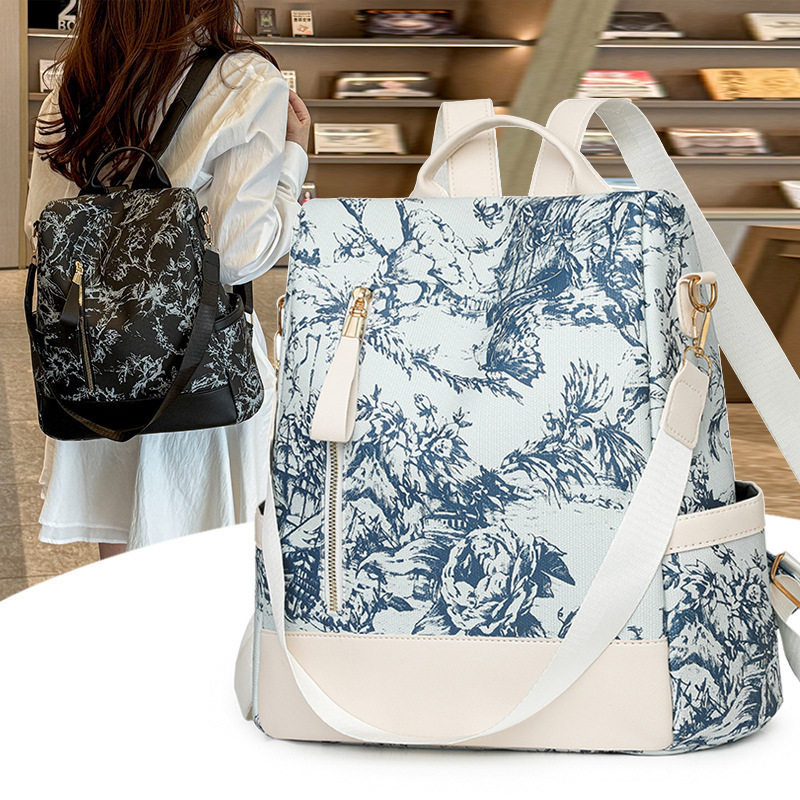 新中式国风双肩包女个性印花防盗背包PU软皮拼接多功能单肩包外贸