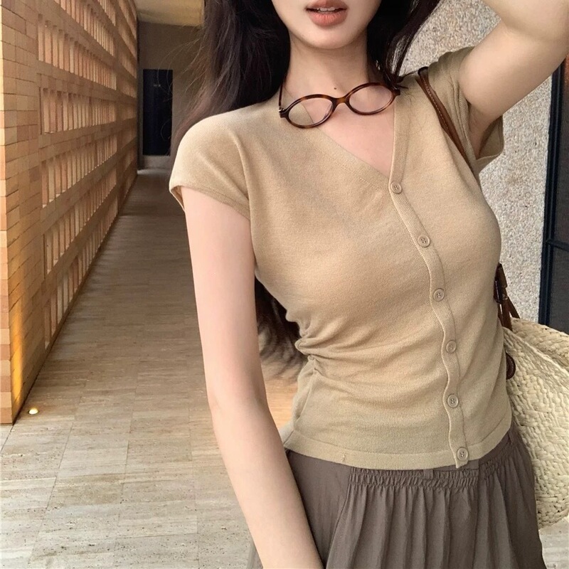 Sexy Summer New Style 100% Tencel Short-Sleeve Cardigan for Women, V-Neck, Thin Breathable Jacket, Slim Fit, Flattering Base Top