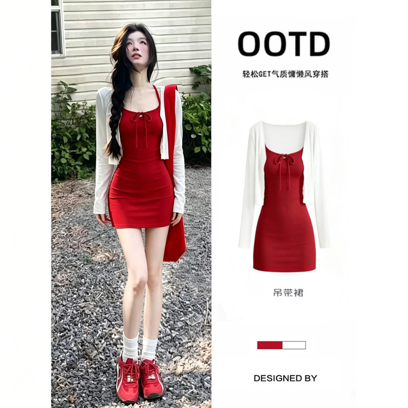 Hot Girl Style Red High-Waisted Slim-Fit Spaghetti Strap Dress with Tie, Sleeveless, Slimming, Bodycon Skirt, Pure and Alluring Temperament, Waist-Cinching Short Dress