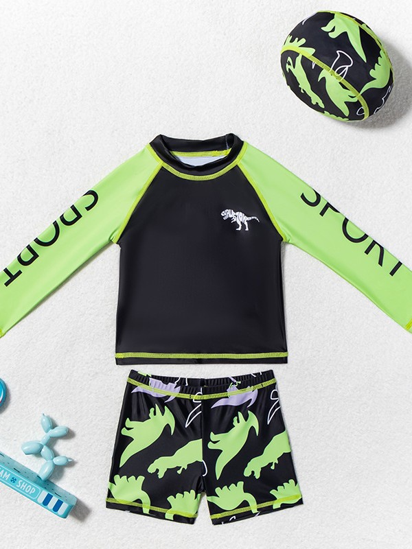 Cross-Border Boys' 3-Piece Swimsuit Fruit Green Dinosaur Swimsuit Split Medium and Large Children's Long-Sleeved Sun Protection Beach Suit