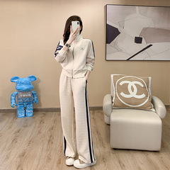 2025年早秋のリボンの衝突色のファスナーのコートの女性のワイドレギンスのズボンのスーツの女性のファッションのレジャー運動