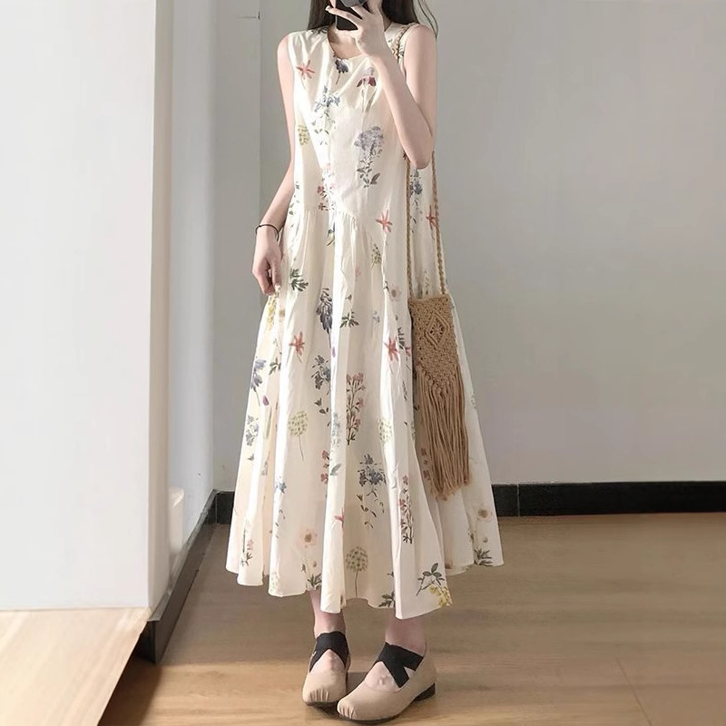 French Style Tea Break Sleeveless Round Neck Floral Elegant Vest dress Summer Loose Slimming Vacation Long Dress for Female Students