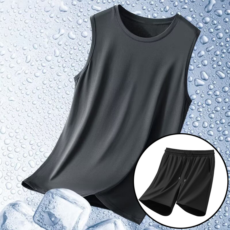 Traje deportivo, chaleco de verano para hombre, pantalones cortos, seda de hielo, secado rápido, sin mangas, ropa de entrenamiento físico, camiseta, comercio exterior, venta al por mayor transfronteriza