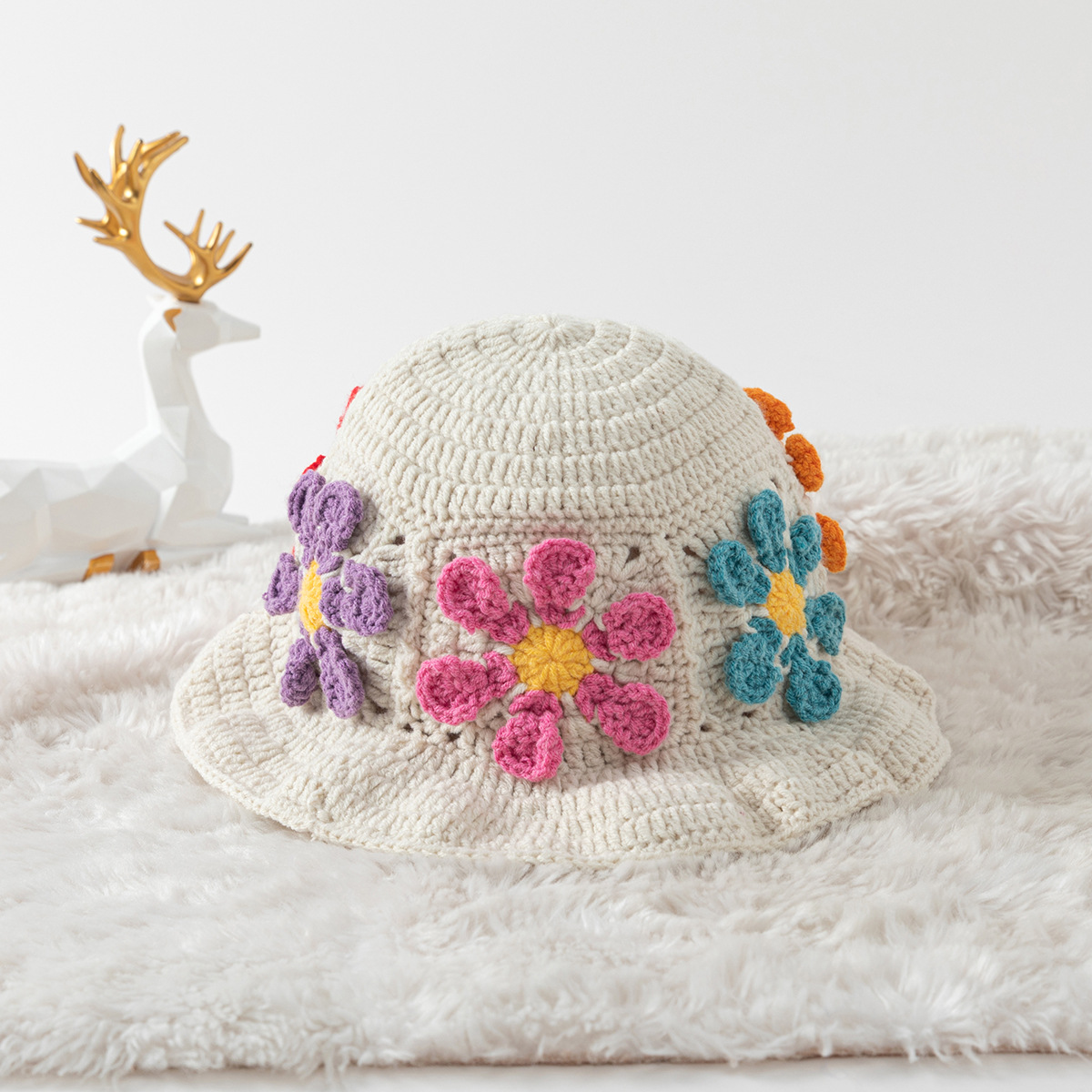Wool Cap Hats Type Women's Cute Simple Style Flower Crimping Wool Cap