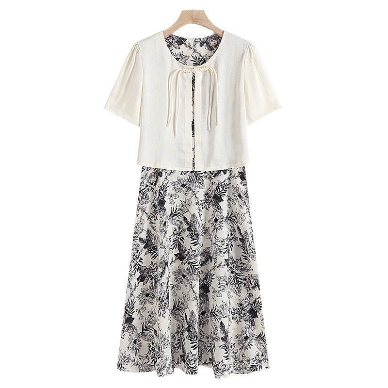 Fashionable shiffon dress, long skirt for mother, city style, shiffon with print, for middle age, 2024 years