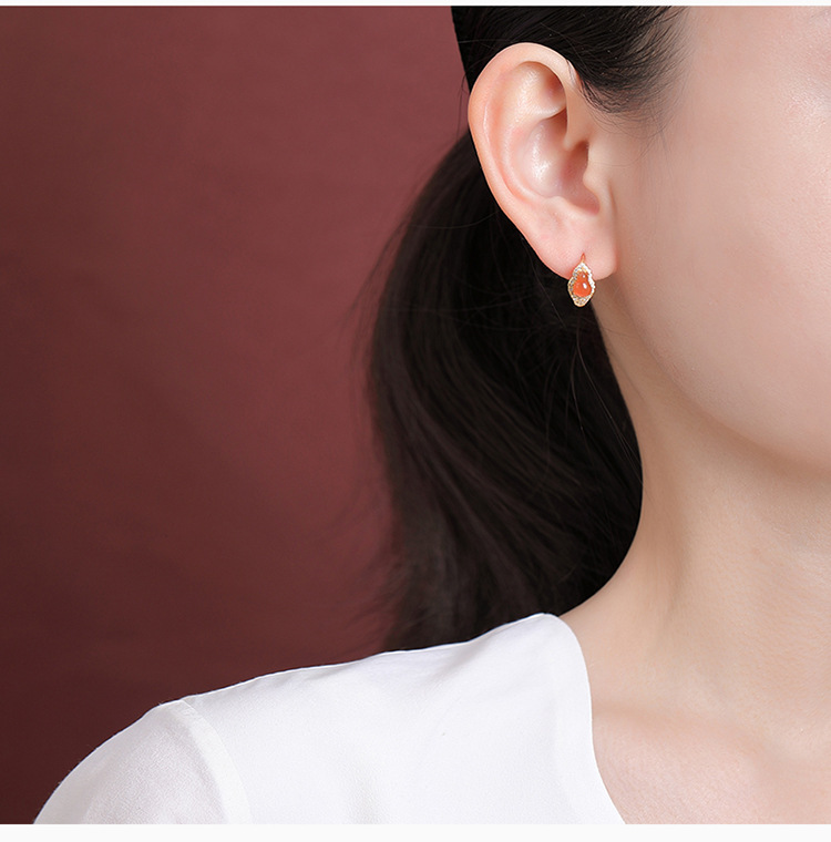 Bông tai đinh tán hoa tai kẹp phong cách Trung Quốc khí chất, đá đỏ ngọc bích mạ vàng bạc S925 — Mẫu đỏ nam chi tiết 6
