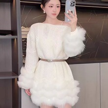 纯欲辣妹毛绒拼接长袖针织毛衣女早秋新高级感中长款镂空上衣