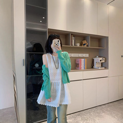 大码甜美套装圆领蕾丝吊带背心秋季长袖针织开衫外套两件套