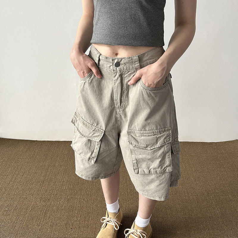 Vintage Washed Old Multi-Pocket Tooling Shorts Women's Japanese Style Summer High Street Casual Loose Straight Pants Trendy