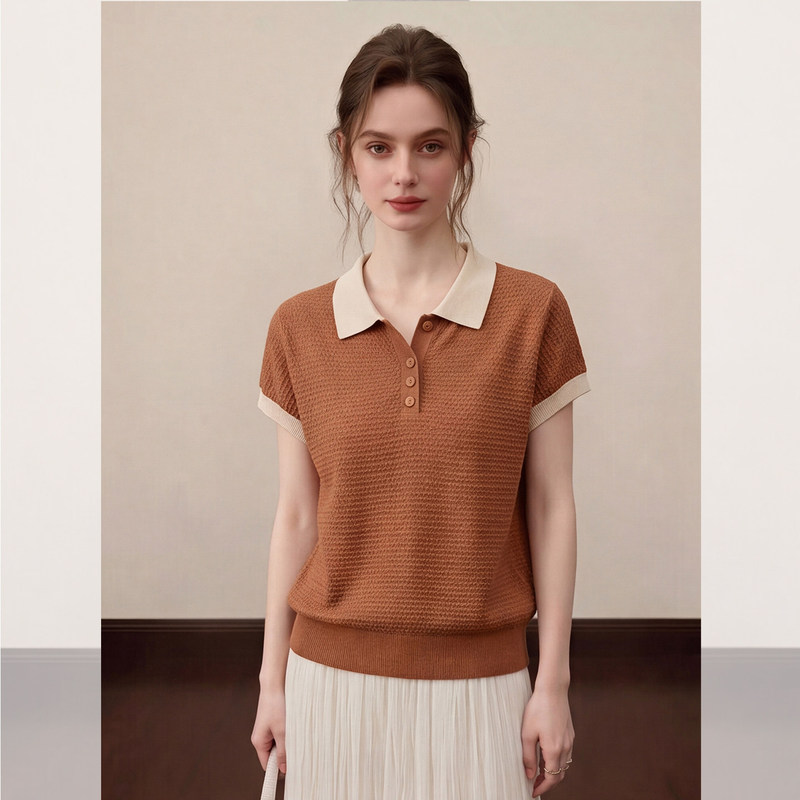 Brown Striped Polo Collar Short-Sleeve T-Shirt for Women, Summer Ice Silk Knit Design, Loose Short Top