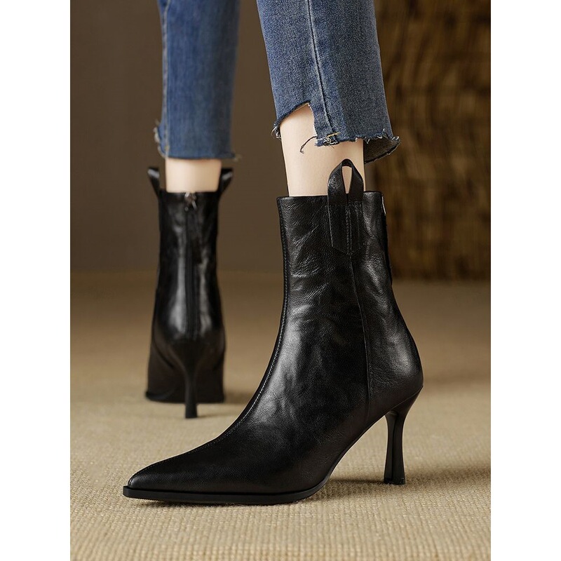 New Pointed Toe High Heel Stiletto Short Boots New Autumn and Winter Short Retro Women's Boots Chelsea New Shoes