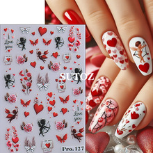 跨境新款情人节美甲贴纸批发红色浮雕立体爱心玫瑰丘比特指甲贴花