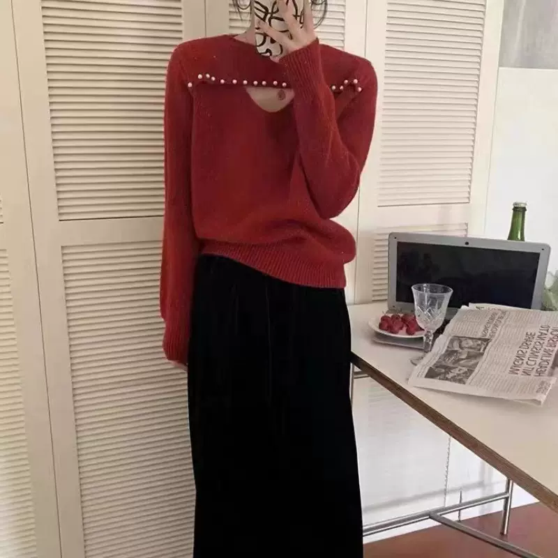 大码女装2023秋冬新款高级感针织锁骨毛衣加厚胖mm内搭打底衫上衣