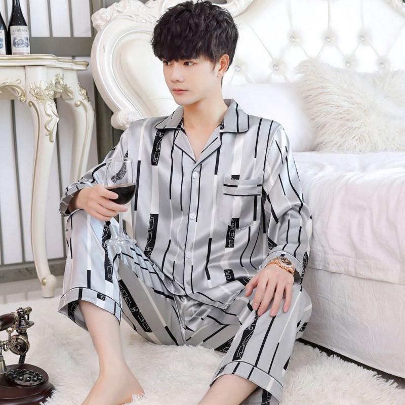 Primavera y otoño manga larga universal solapa delgada casual de los hombres rayas seda artificial inicio cardigan pijamas traje