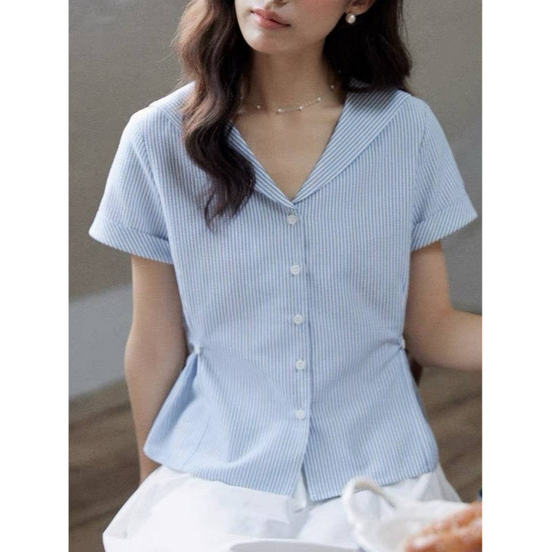 Mxiabo French-Style Blue Fine Striped Shirt for Women, Short Summer Waist-Cinching Slim-Fit Navy Collar Short-Sleeve Top