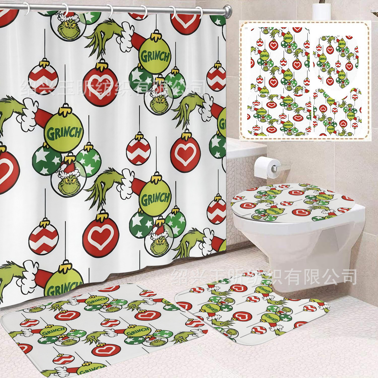 Tela de cortina de ducha transfronteriza, cortina de ducha impermeable, alfombra antideslizante de baño, juego de Grinch 4 de pelo verde al por mayor, sin perforación