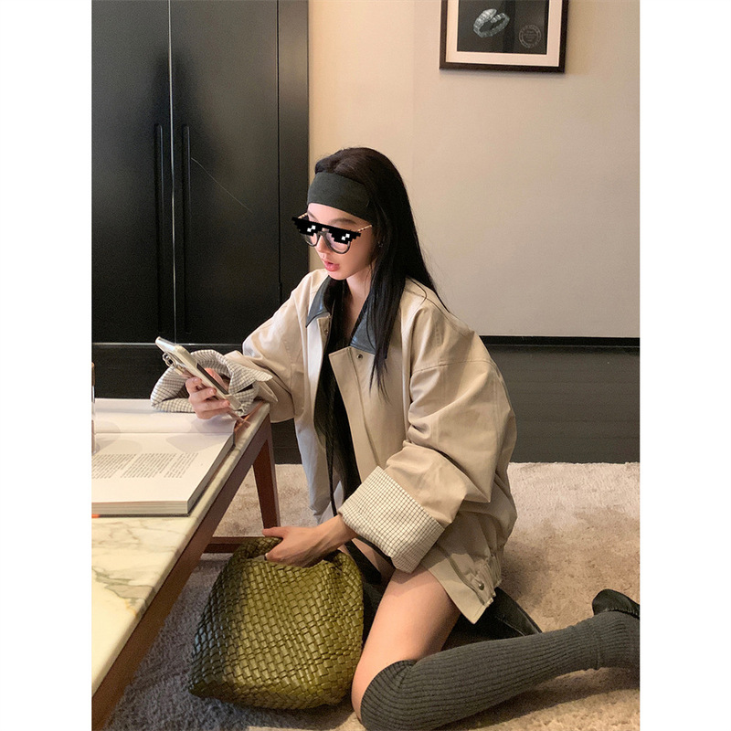 区区欧阳 翻领工装外套女秋季新款美式复古休闲宽松拼接夹克上衣|undefined