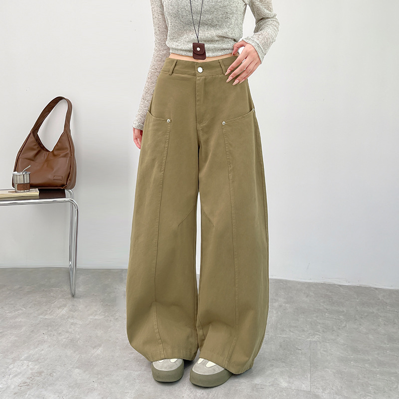 Sd Autumn and Winter New Rivet Pure Cotton Comfortable High-Waisted Pocket Wide-Leg Pants Fashion Scimitar Straight-Leg Pants Casual Pants