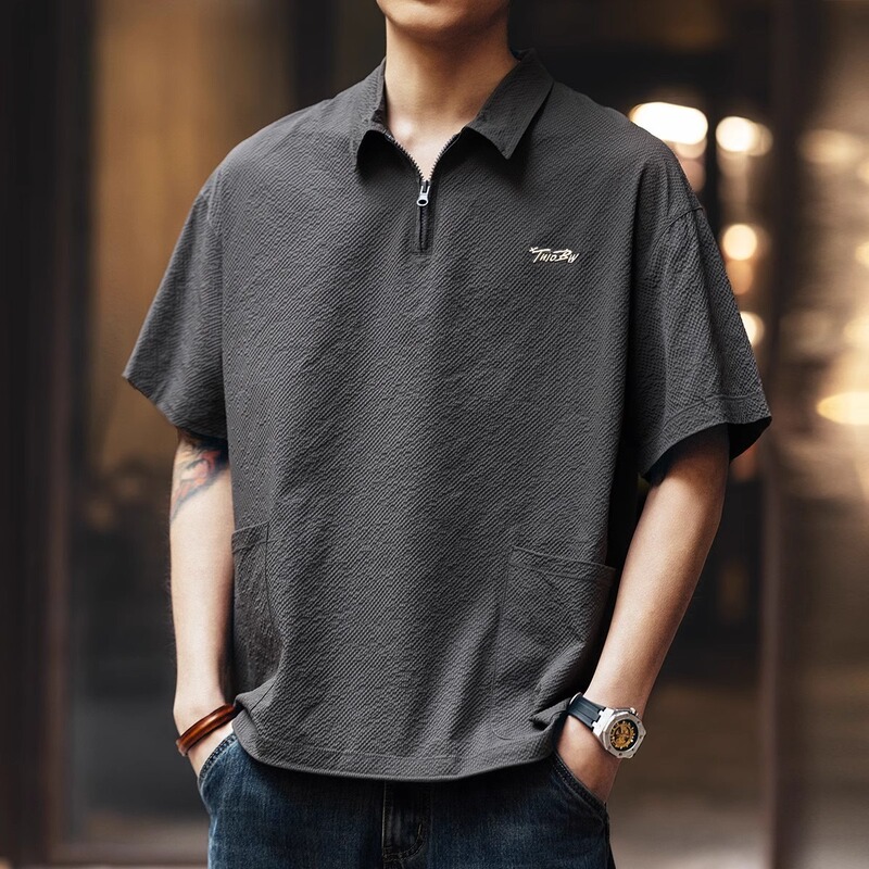 2025 New Summer Bubble Muscle Ice Silk Cool Polo Shirt Men's Half-Zip Workwear Quick-Drying Half-Sleeved Short-Sleeved T-Shirt