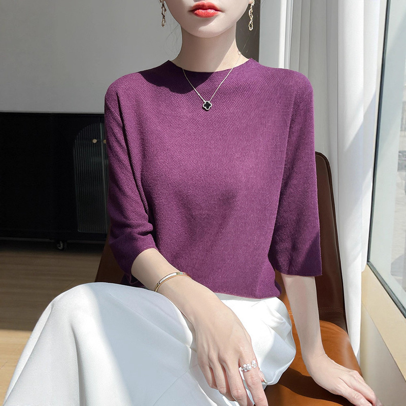 2025 New Stylish Half-High Collar Knitted Mid-Sleeve T-Shirt for Women, Slim Fit, Purple Five-Quarter Sleeve Base Layer Top 2025 New Stylish Half-High Collar Knitted Mid-Sleeve T-Shirt for Women, Slim Fit, Purple Five-Quarter Sleeve Base Layer Top