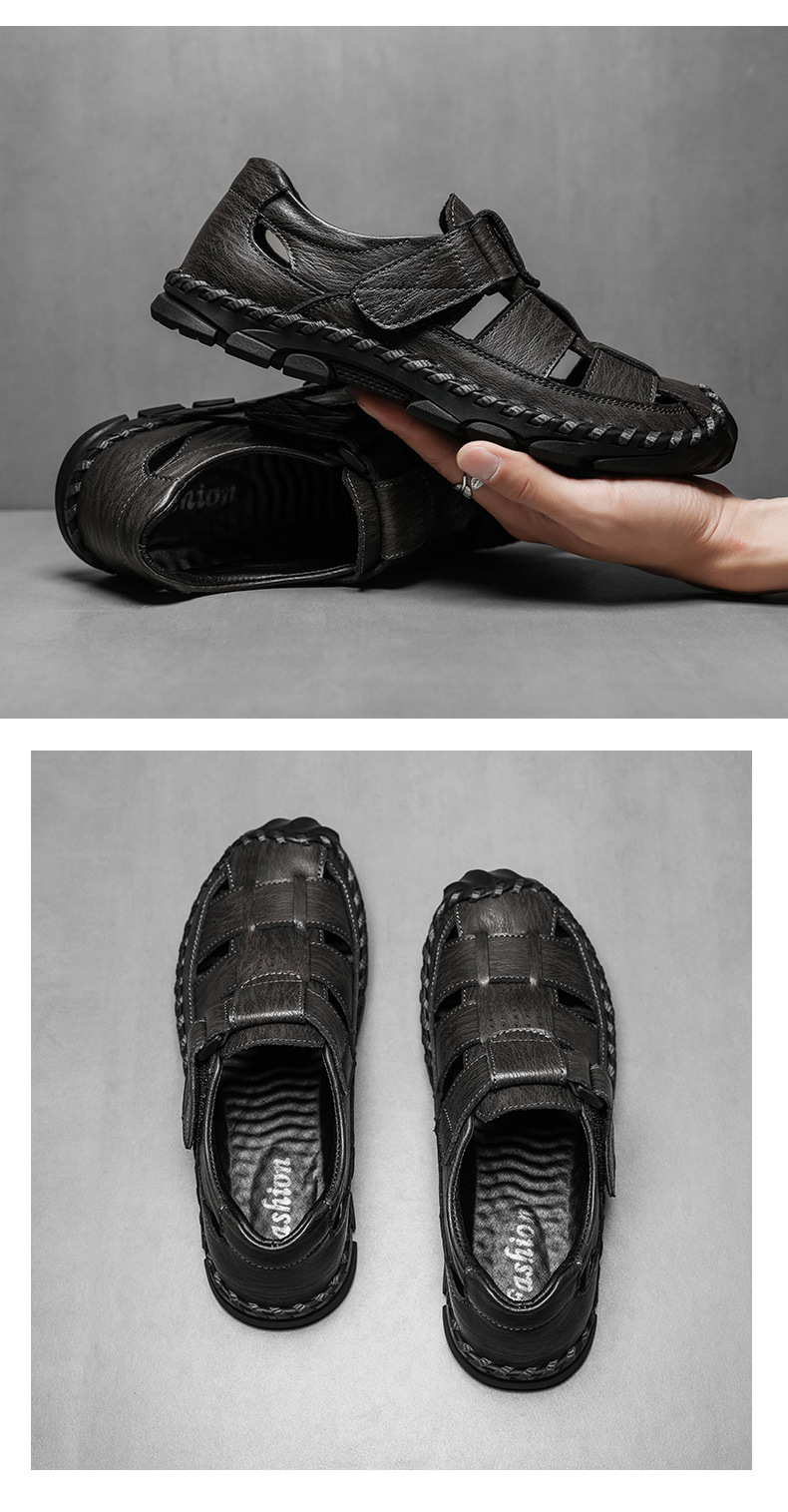 Men’s Summer Closed-toe Leather Sandals With Velcro Strap_voghion.com