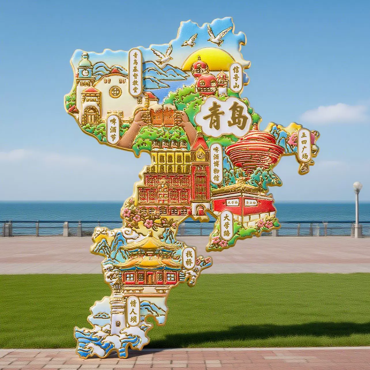 青岛文创地图冰箱贴中国城市地图款金属浮雕家居装饰贴旅游纪念品