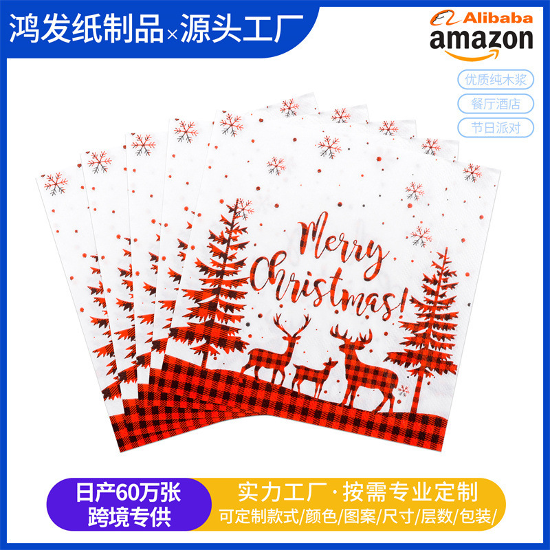 赤いチェック柄ヘラジカクリスマスナプキンクロスボーダーホット販売プリントナプキン誕生日パーティー使い捨てパーティーナプキン|undefined