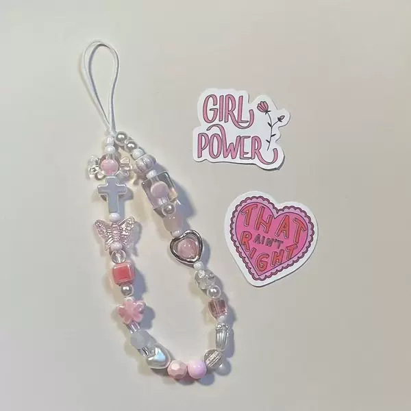 pink cherry blossom metal love ccd camera hand rope diy beads mobile phone chain lanyard pendant