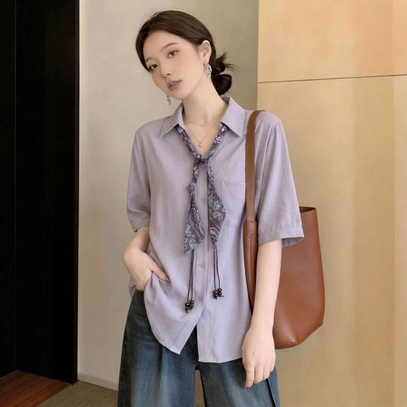 Multi-Color Detachable Silk Scarf Short-Sleeved Shirt 2026 Summer Relaxed Workwear Drapey Elegant Purple Shirt A12193 Multi-Color Detachable Silk Scarf Short-Sleeved Shirt 2026 Summer Relaxed Workwear Drapey Elegant Purple Shirt A12193